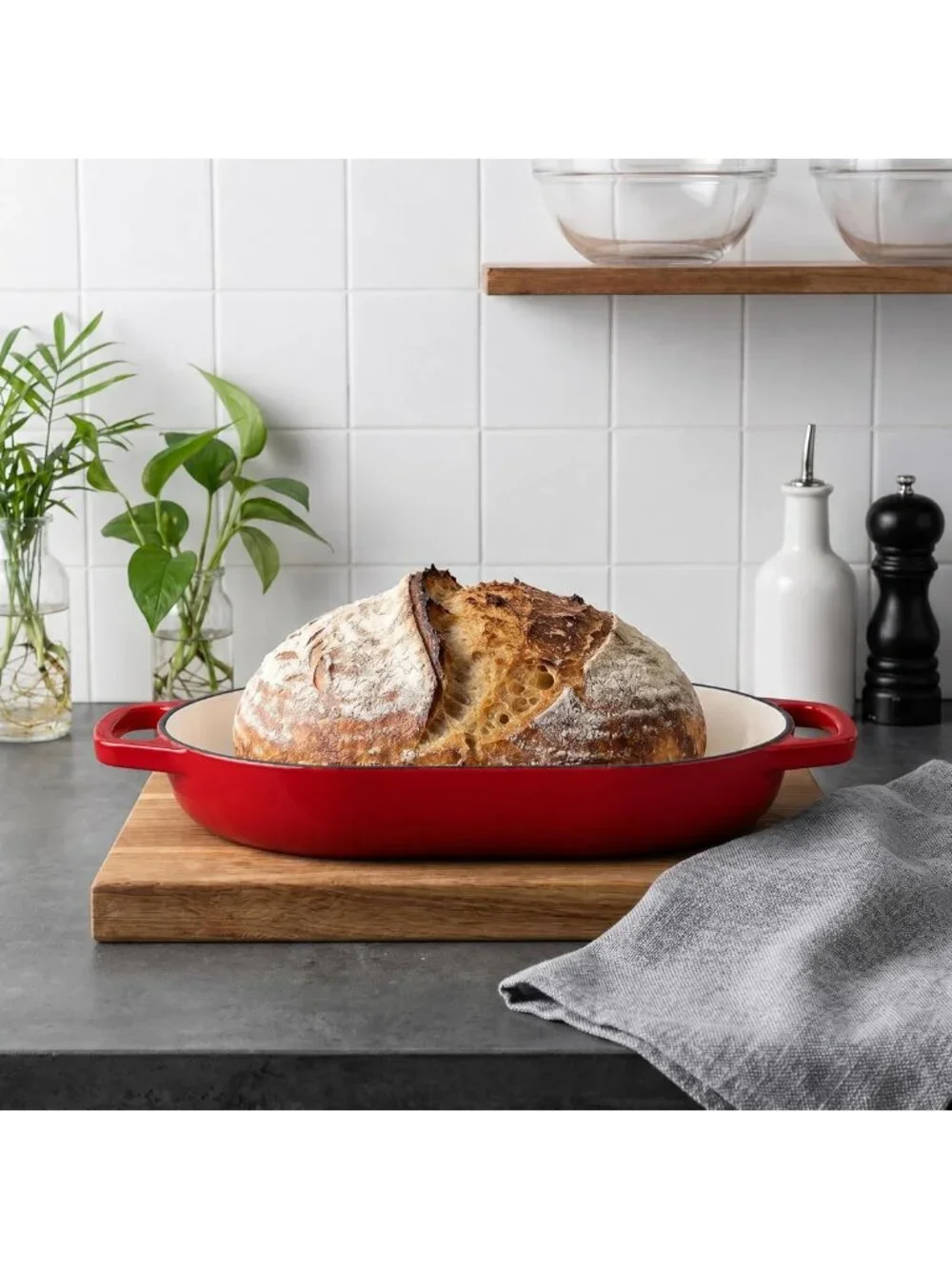 Enameled Cast Iron Dutch Oven with Dome Lid, 6 Quart for Sourdough Baking, Red